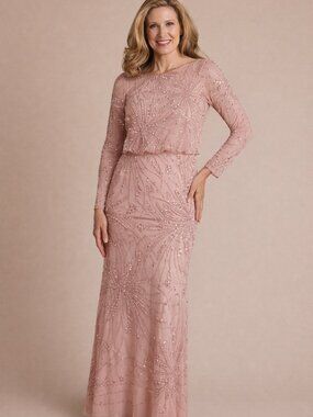 $650 | Oleg Cassini Blush Beaded Sequin Gown Formal Maxi Dress Size 16